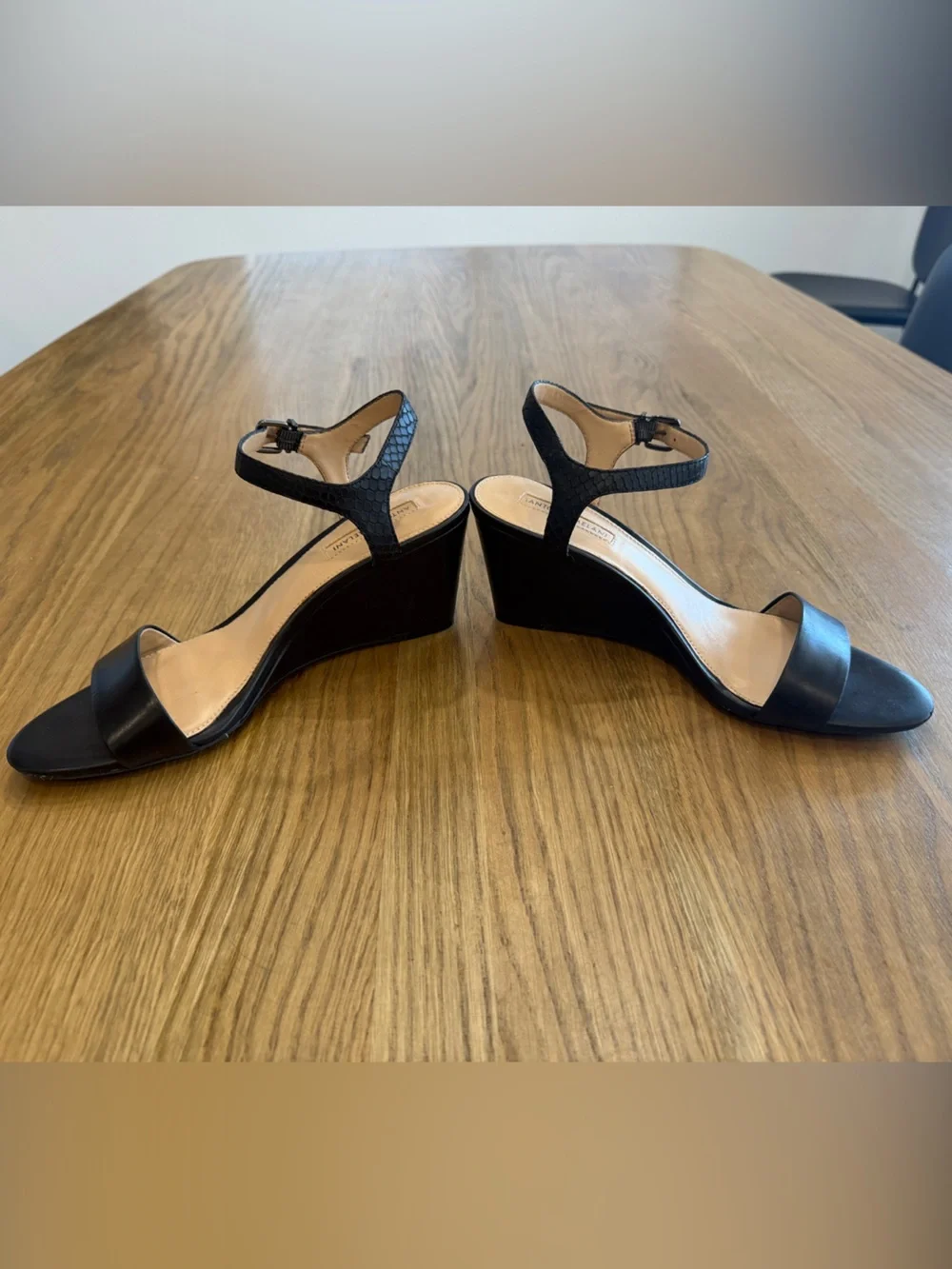 ANTONIO MELANI Black Leather Wedge Sandals Ankle Strap Size 8 Dress Heels